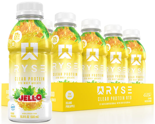 RYSE Clear Protein Drink bottle with island pineapple flavor for low-calorie hydration.