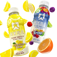 RYSE Clear Protein Drink glass pour showing clear, juice-like texture.