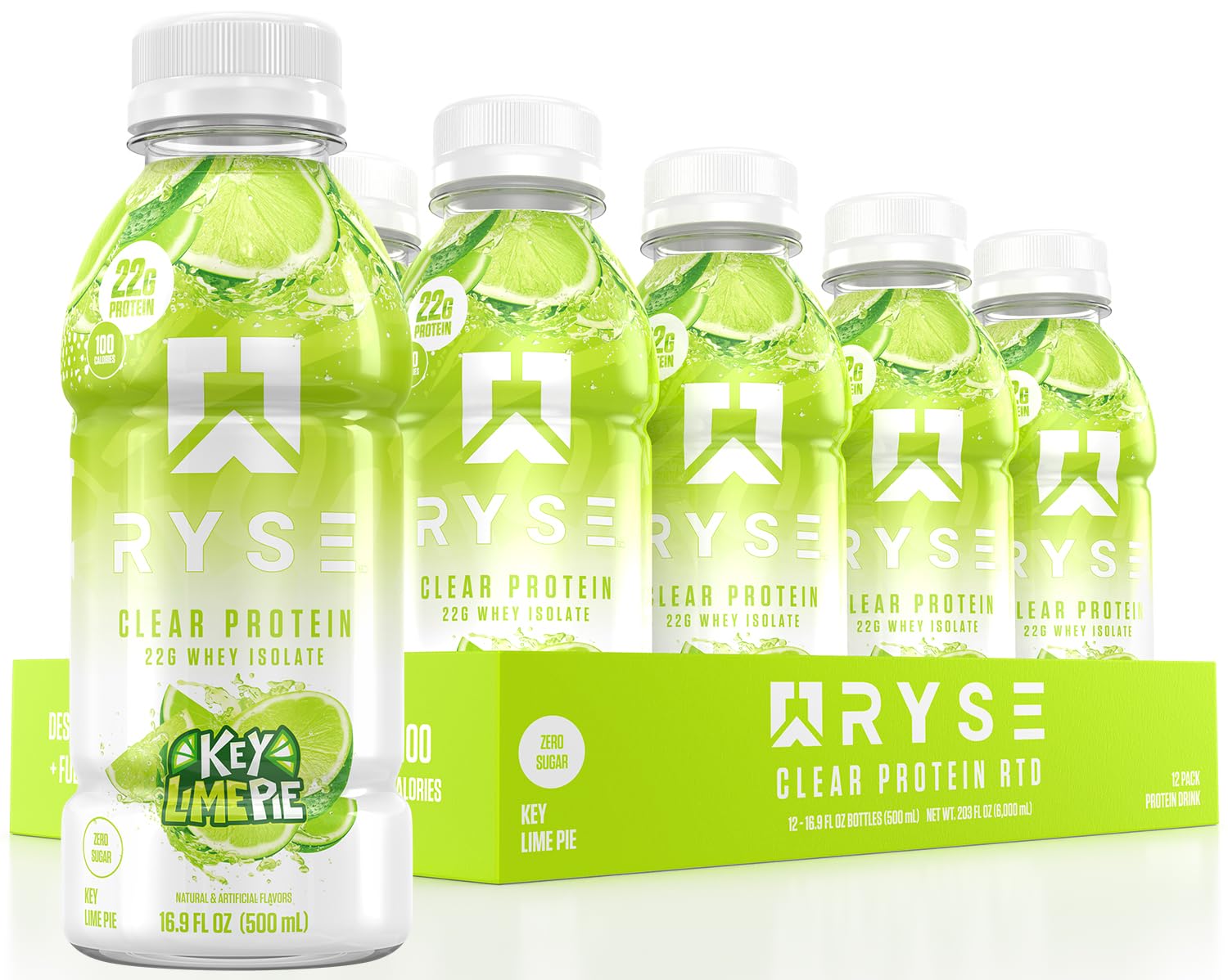 RYSE Clear Protein Drink Key Lime Pie bottle – refreshing, sugar-free protein on the go.