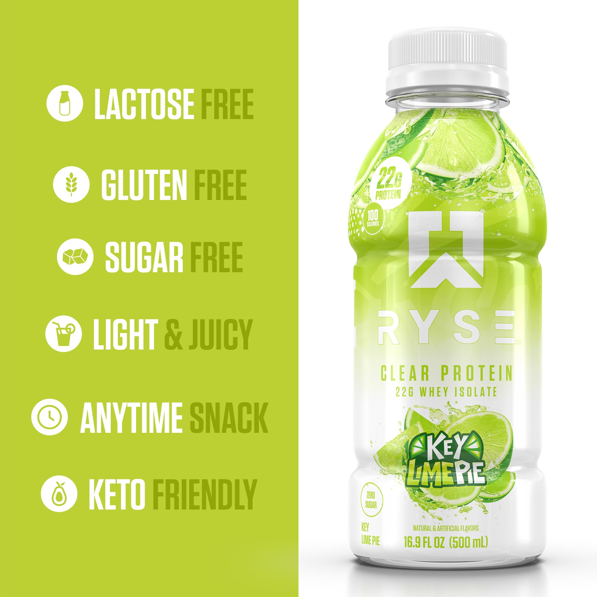RYSE Clear Protein Drink Key Lime Pie in glass – crisp, refreshing finish.