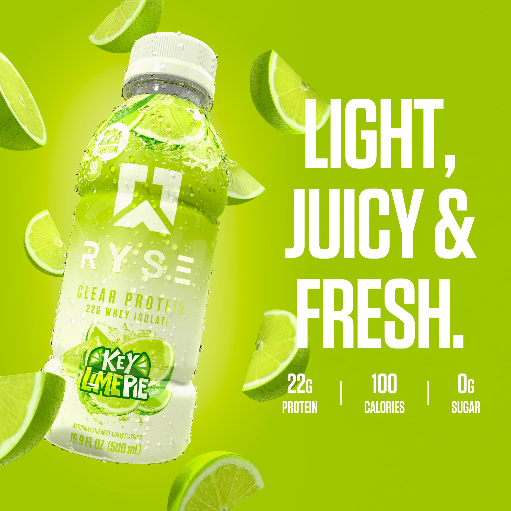 RYSE Clear Protein Drink Key Lime Pie ingredients – lactose-free, no artificial dyes.