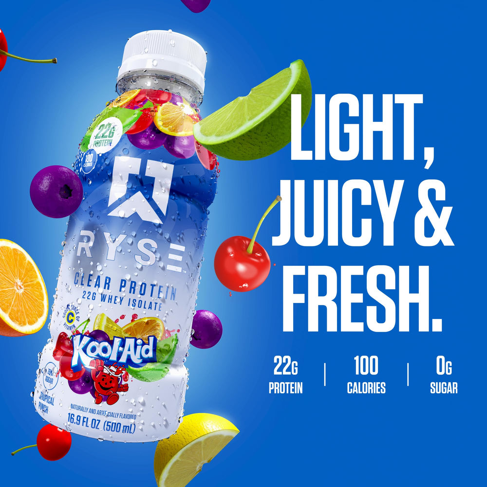 RYSE Clear Protein Drink nutrition label close-up with 22g whey isolate per bottle