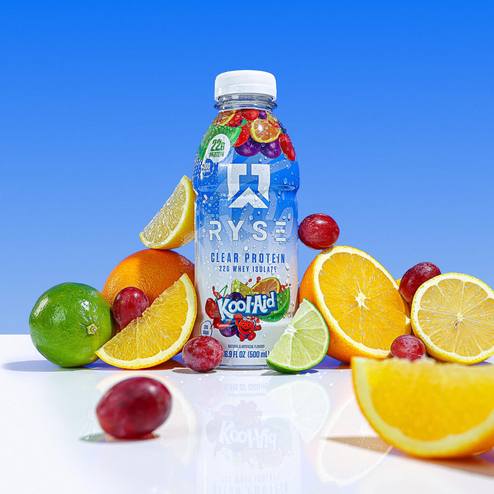 RYSE Clear Protein Drink multi-pack display showing convenient 12-pack