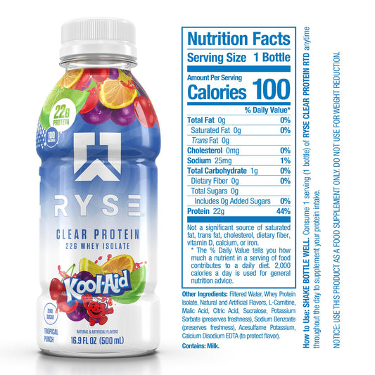 RYSE Clear Protein Drink being poured, showcasing fruit-forward flavor and fast-digesting whey