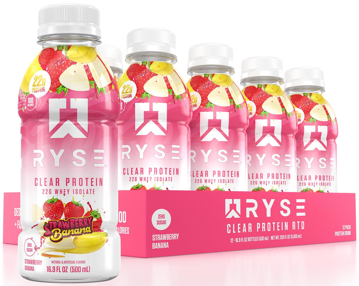 RYSE Clear Protein Drink Strawberry Banana bottle: low-calorie, sugar-free protein on the go