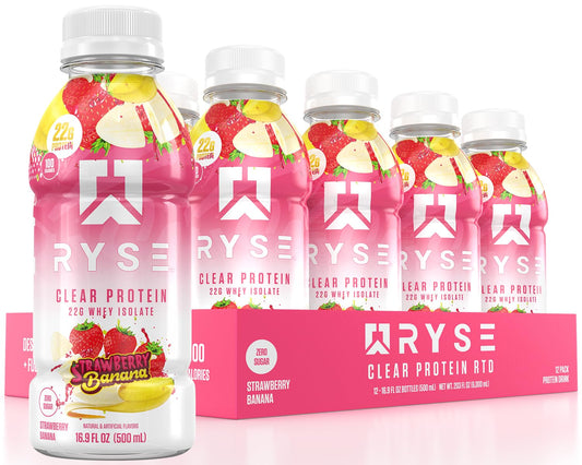 RYSE Clear Protein Drink Strawberry Banana bottle: low-calorie, sugar-free protein on the go