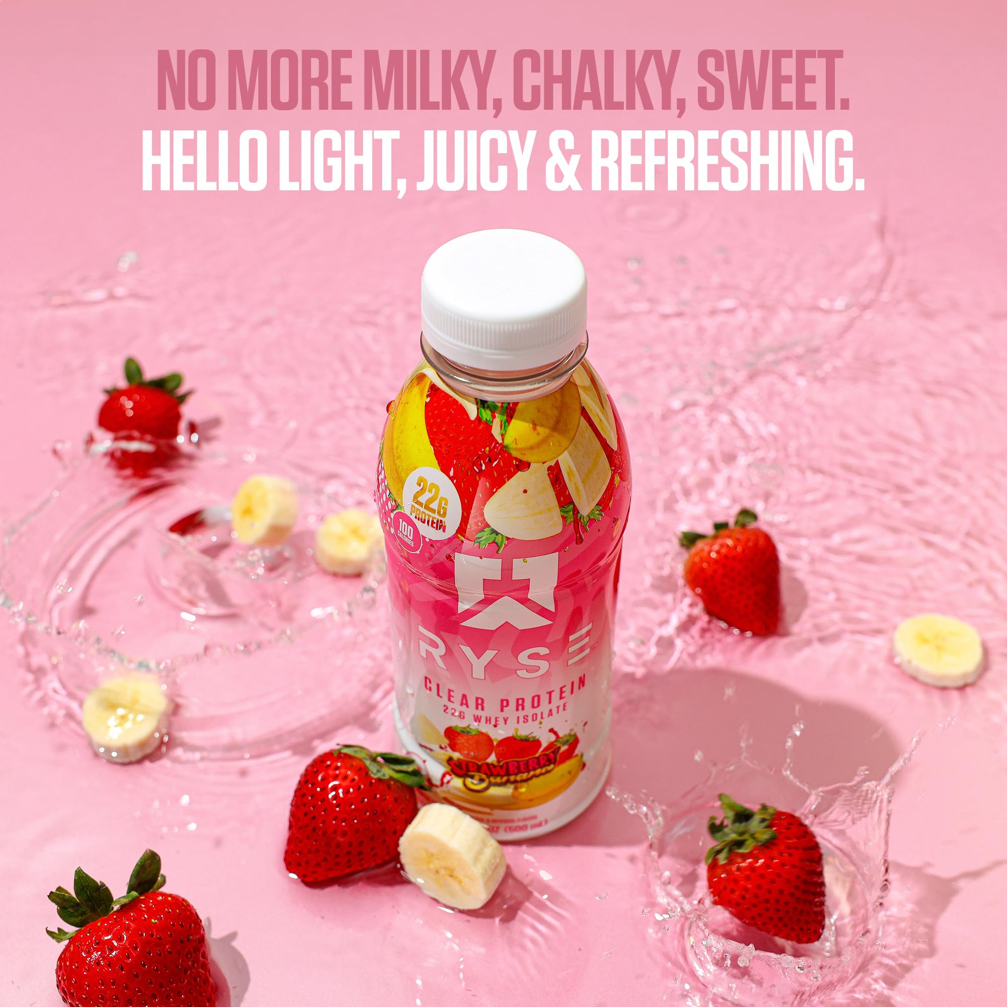 RYSE Clear Protein Drink Strawberry Banana ingredients: premium whey isolate, lactose-free, no artificial additives