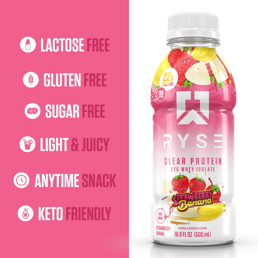 RYSE Clear Protein Drink Strawberry Banana packaging: 12-pack convenience for quick daily protein