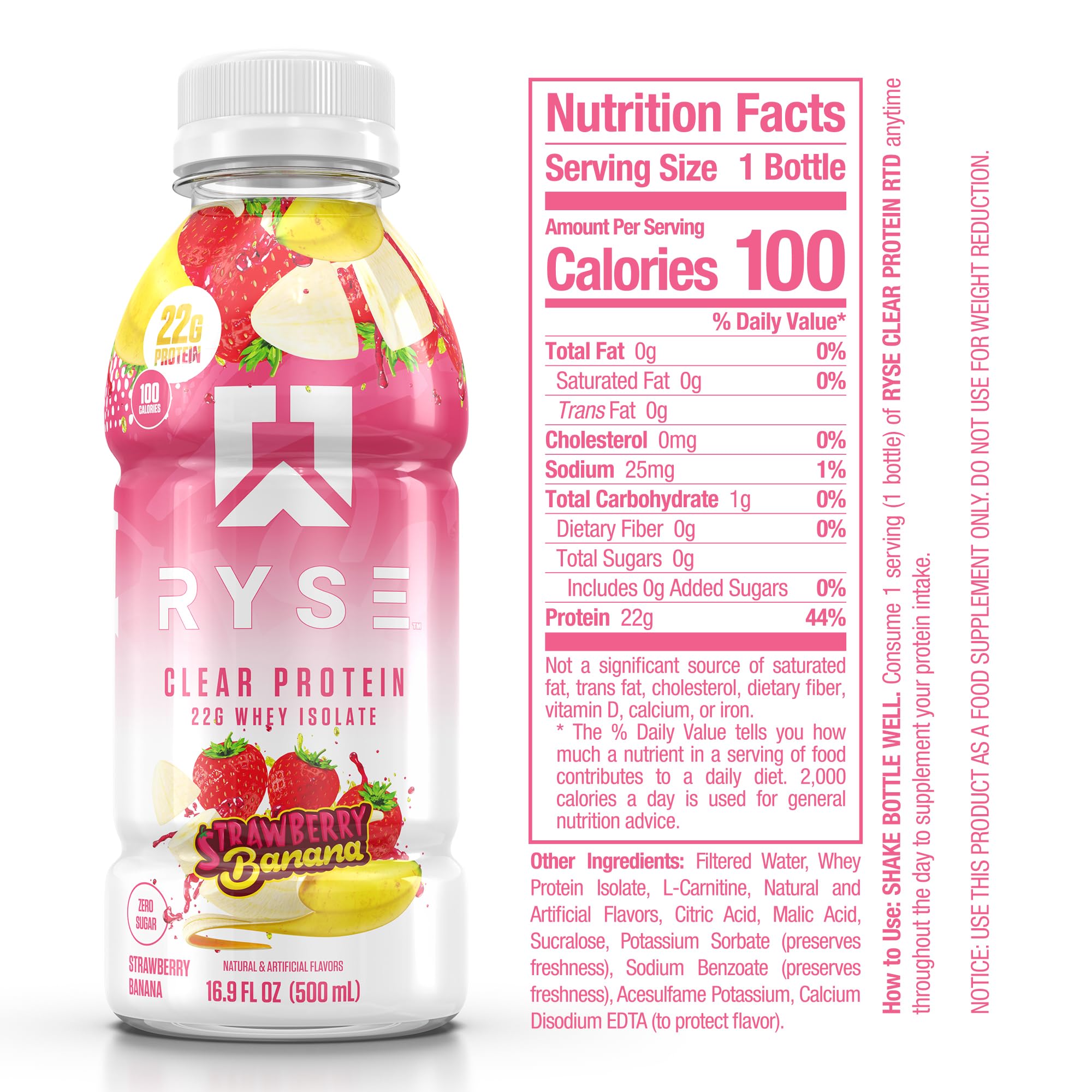 RYSE Clear Protein Drink Strawberry Banana pour: juicy, refreshing texture without milky aftertaste
