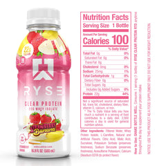 RYSE Clear Protein Drink Strawberry Banana pour: juicy, refreshing texture without milky aftertaste