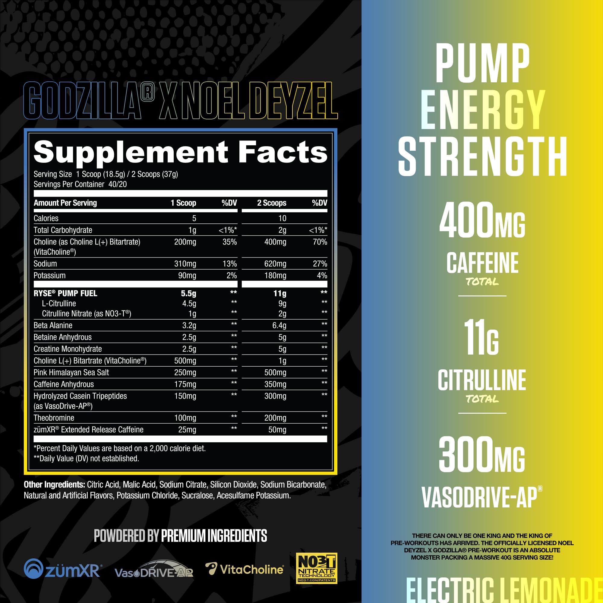 RYSE Godzilla X Noel Deyzel Pre Workout Electric Lemonade powder scoop showing premium formula.