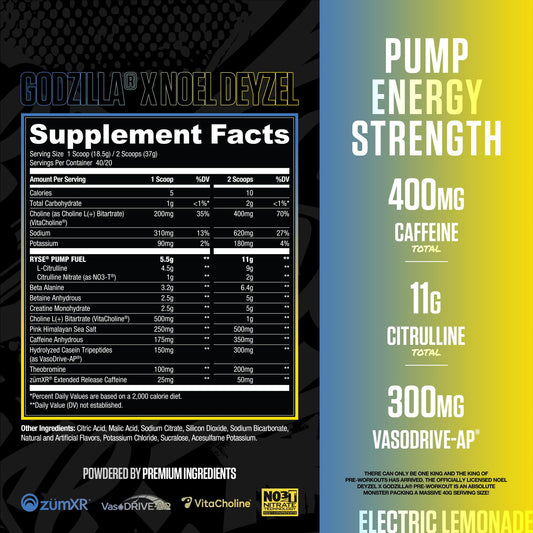 RYSE Godzilla X Noel Deyzel Pre Workout Electric Lemonade powder scoop showing premium formula.