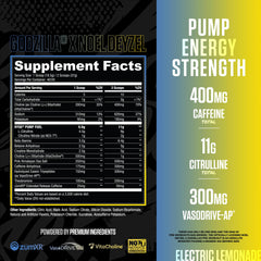 RYSE Godzilla X Noel Deyzel Pre Workout Electric Lemonade powder scoop showing premium formula.