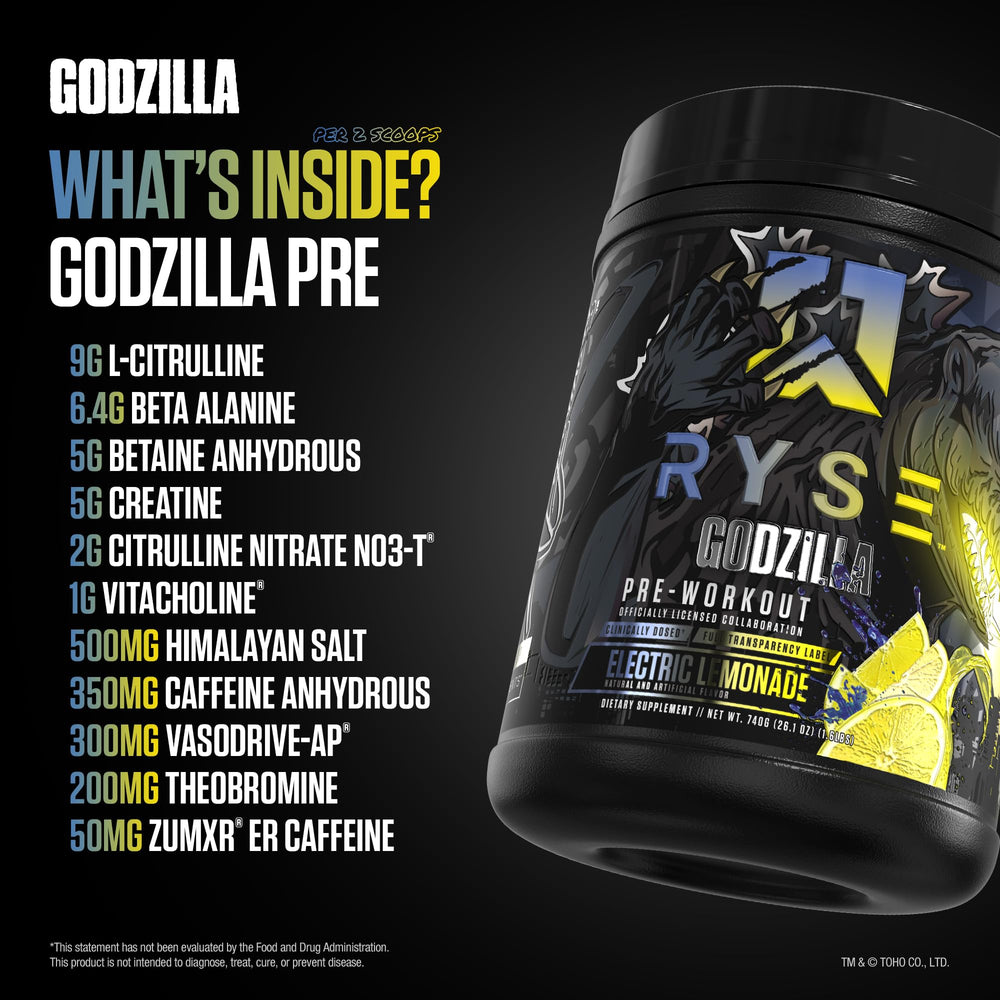 Close-up of RYSE Godzilla X Noel Deyzel Pre Workout powder scoop highlighting potent ingredients.
