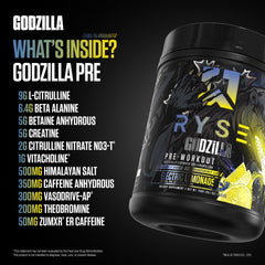 Close-up of RYSE Godzilla X Noel Deyzel Pre Workout powder scoop highlighting potent ingredients.