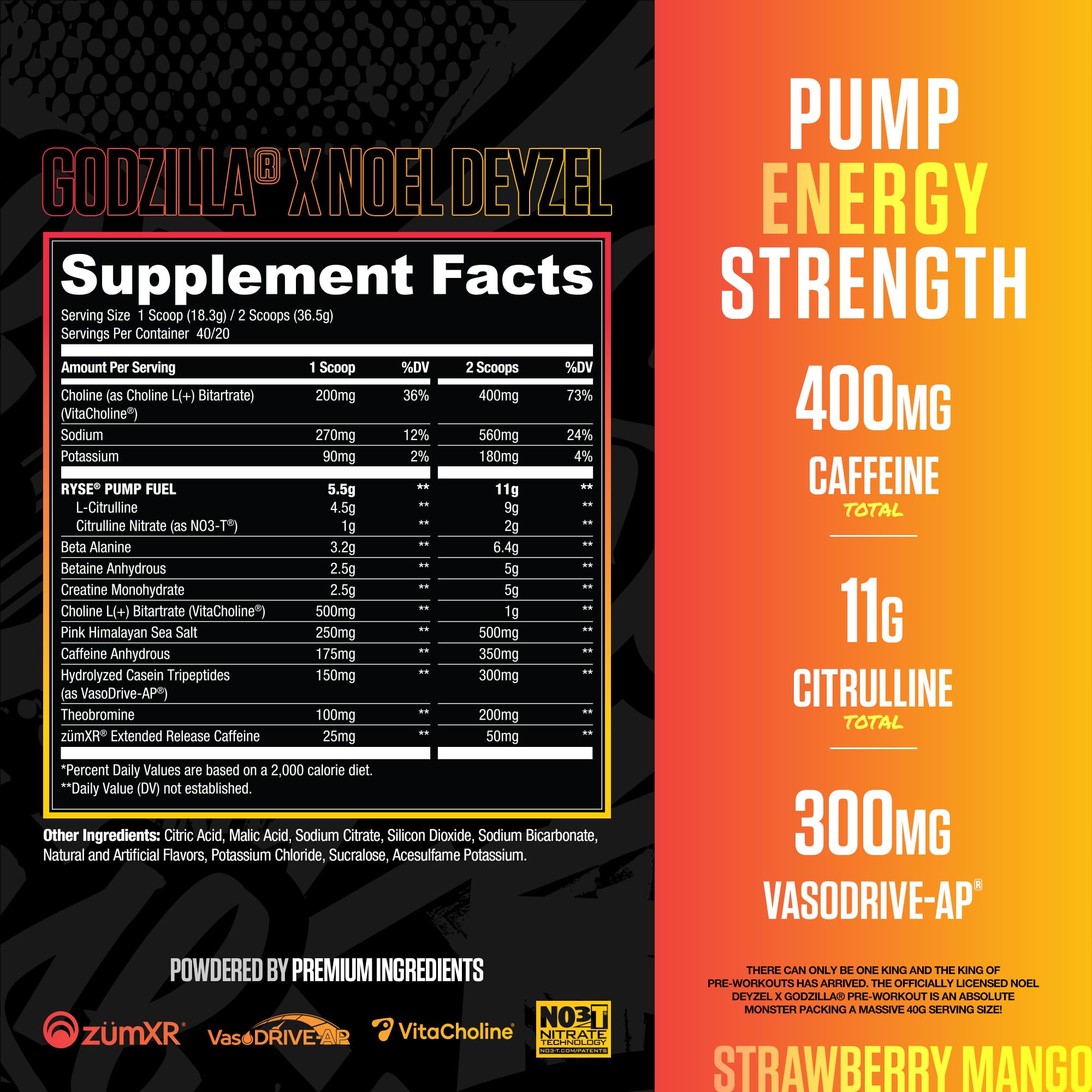 Godzilla pre-workout scoop on label showing premium formula
