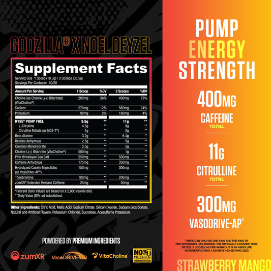 Godzilla pre-workout scoop on label showing premium formula