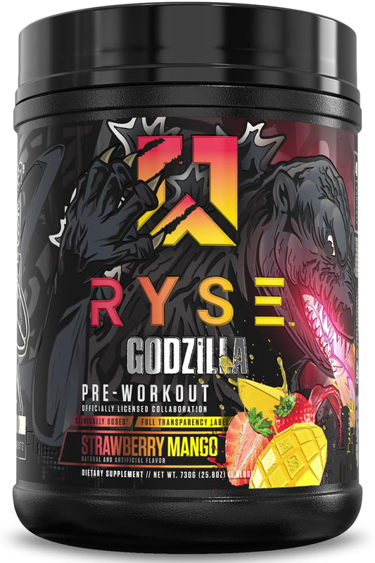 RYSE Godzilla Strawberry Mango can ready for high-energy workouts and focus