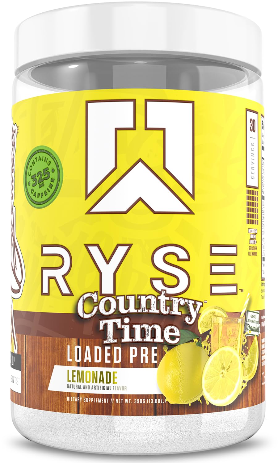 RYSE Loaded Country Time Lemonade powder tub front for explosive pump and focus.