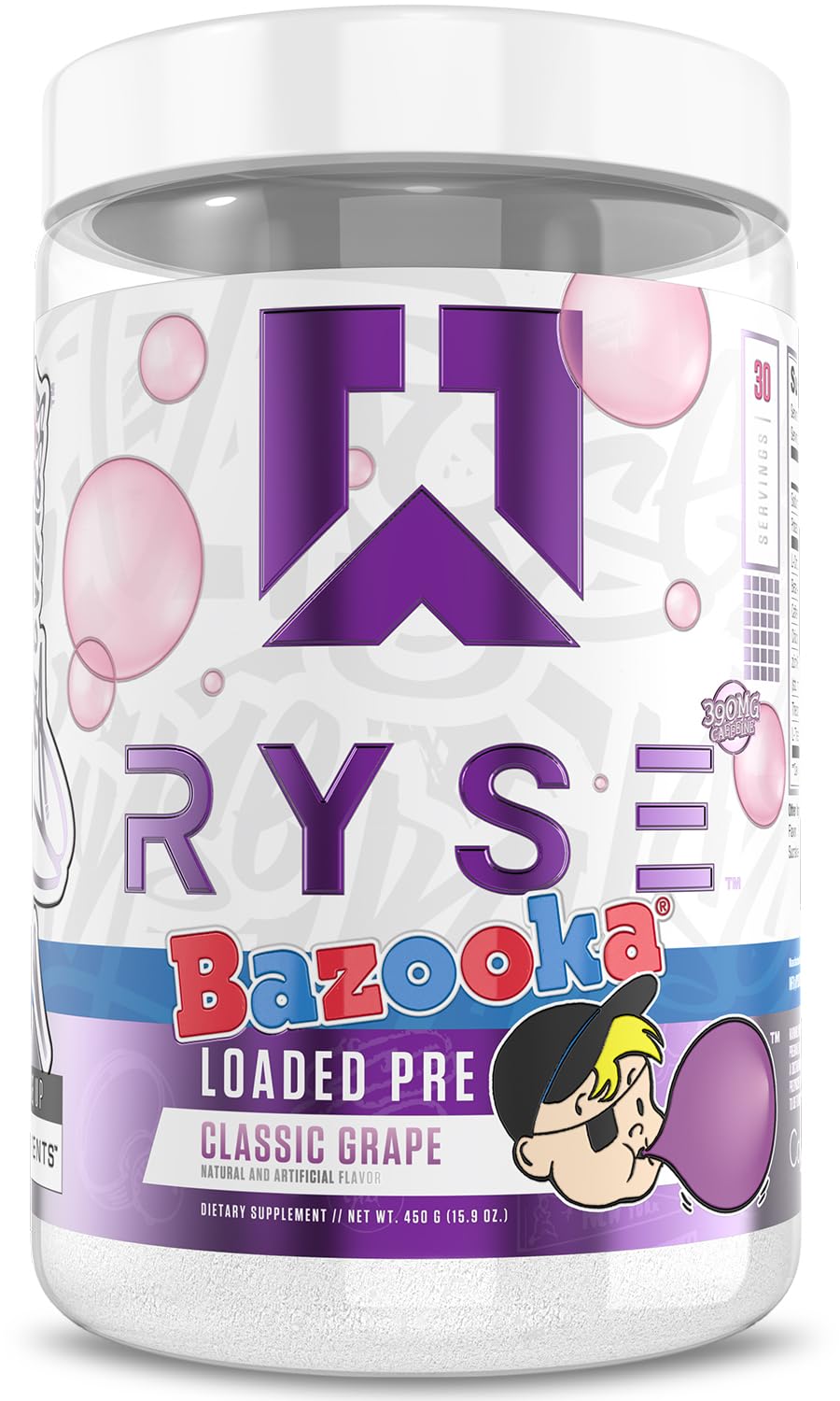 RYSE Loaded Bazooka Grape bottle highlights enhanced energy and focus for workouts.