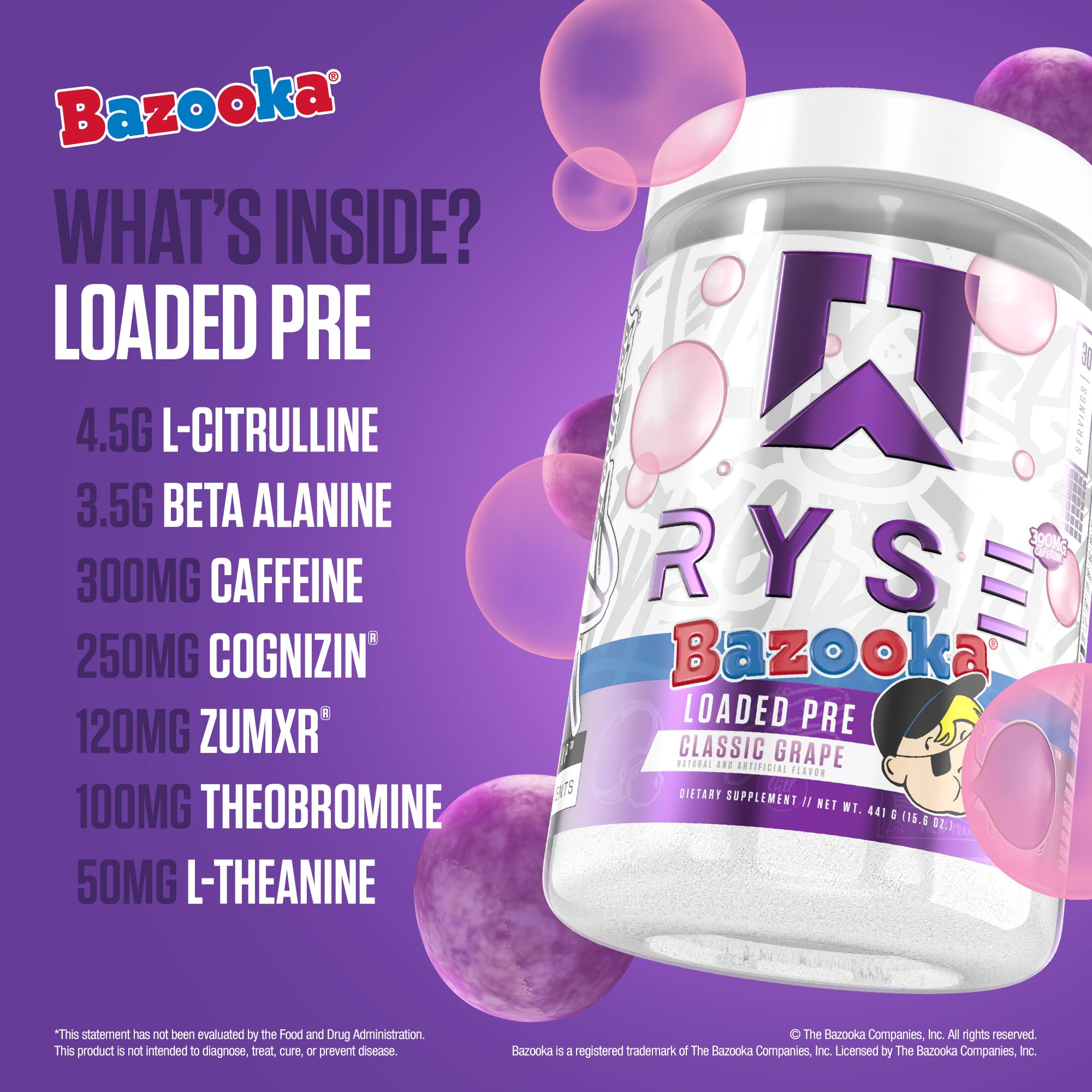 RYSE Loaded Bazooka Grape energy profile for long-lasting workouts.