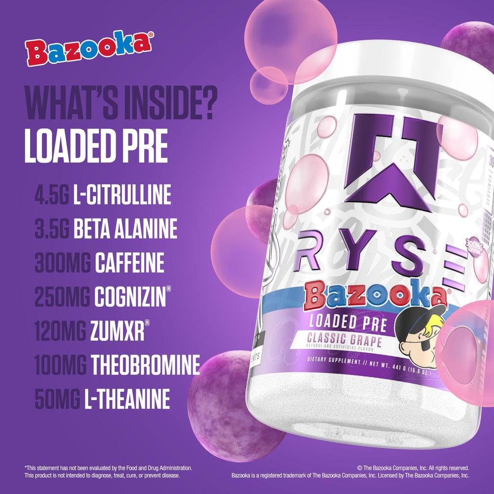 RYSE Loaded Bazooka Grape energy profile for long-lasting workouts.