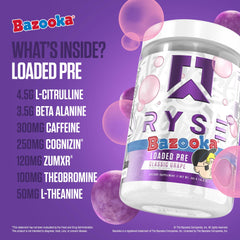 RYSE Loaded Bazooka Grape energy profile for long-lasting workouts.