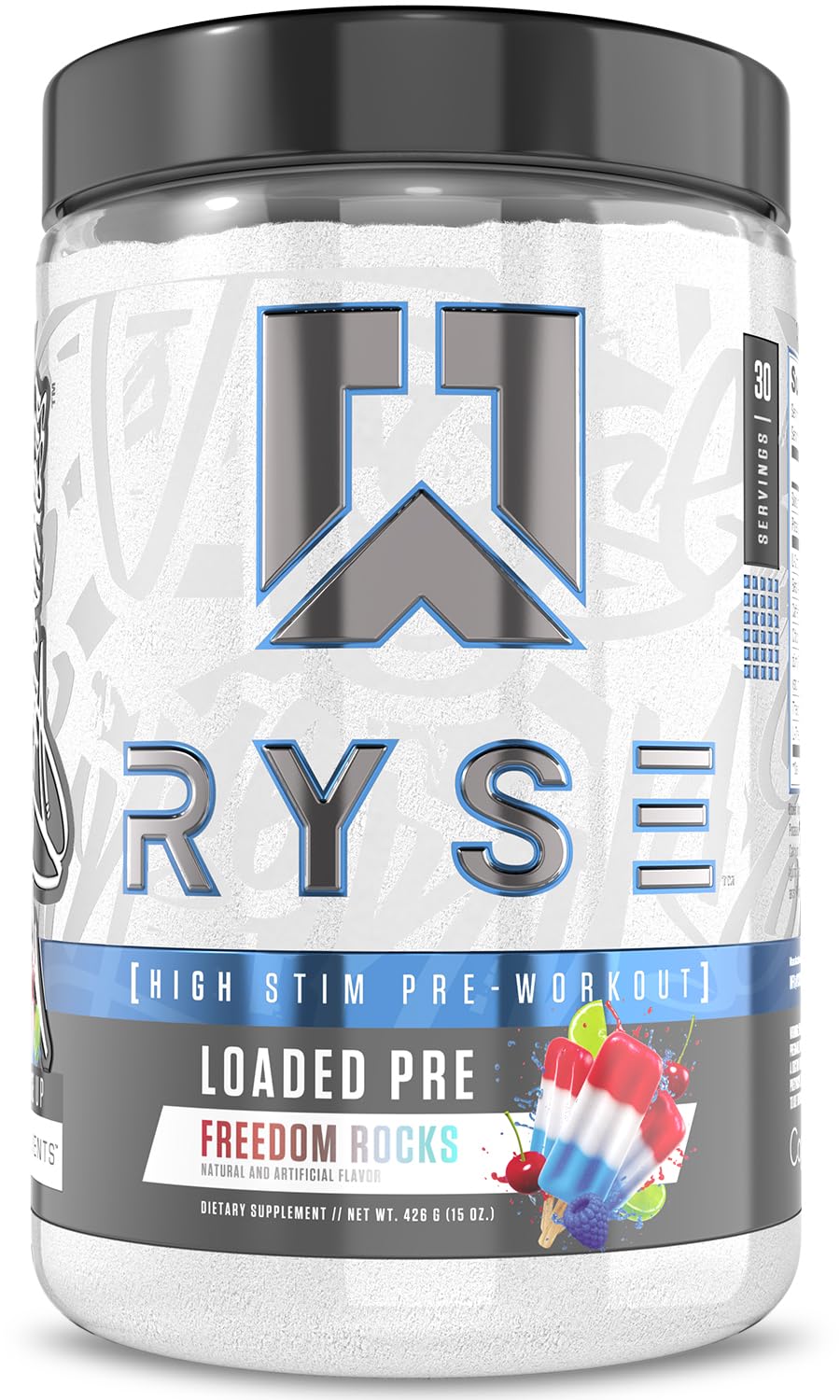 RYSE Loaded Pre Workout canister with Freedom Rocks for clean energy.