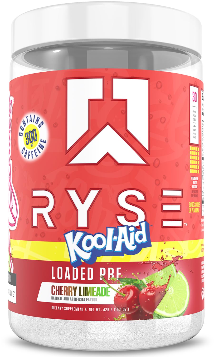RYSE Loaded Pre Workout Kool-Aid Cherry Limeade tub highlights flavor for energizing gym sessions