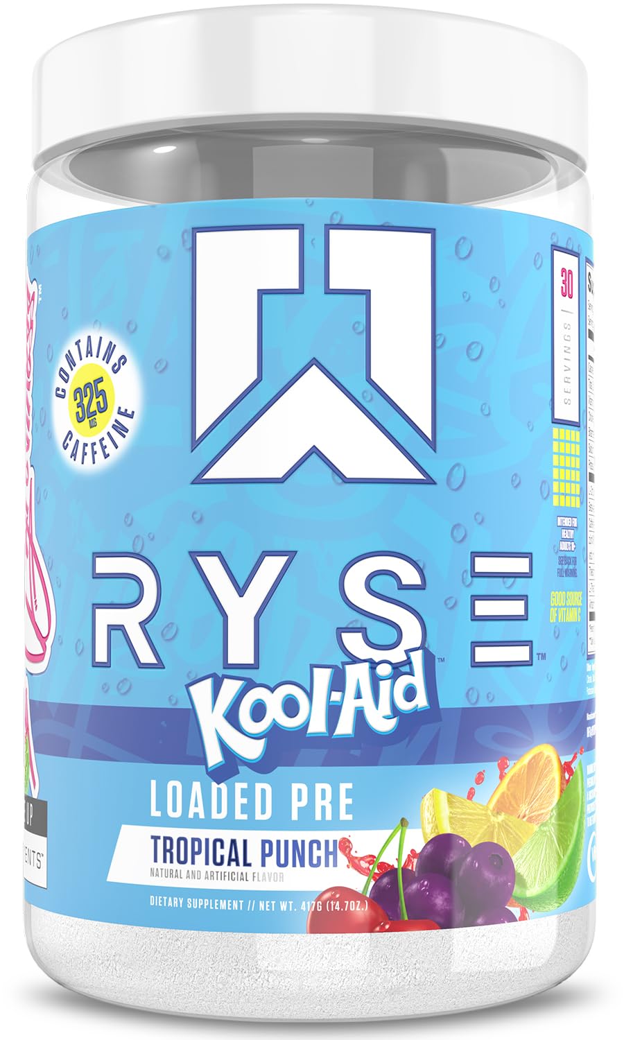 Ryse Loaded Pre Workout Kool-Aid Tropical Punch tub with scoop ready for workouts.
