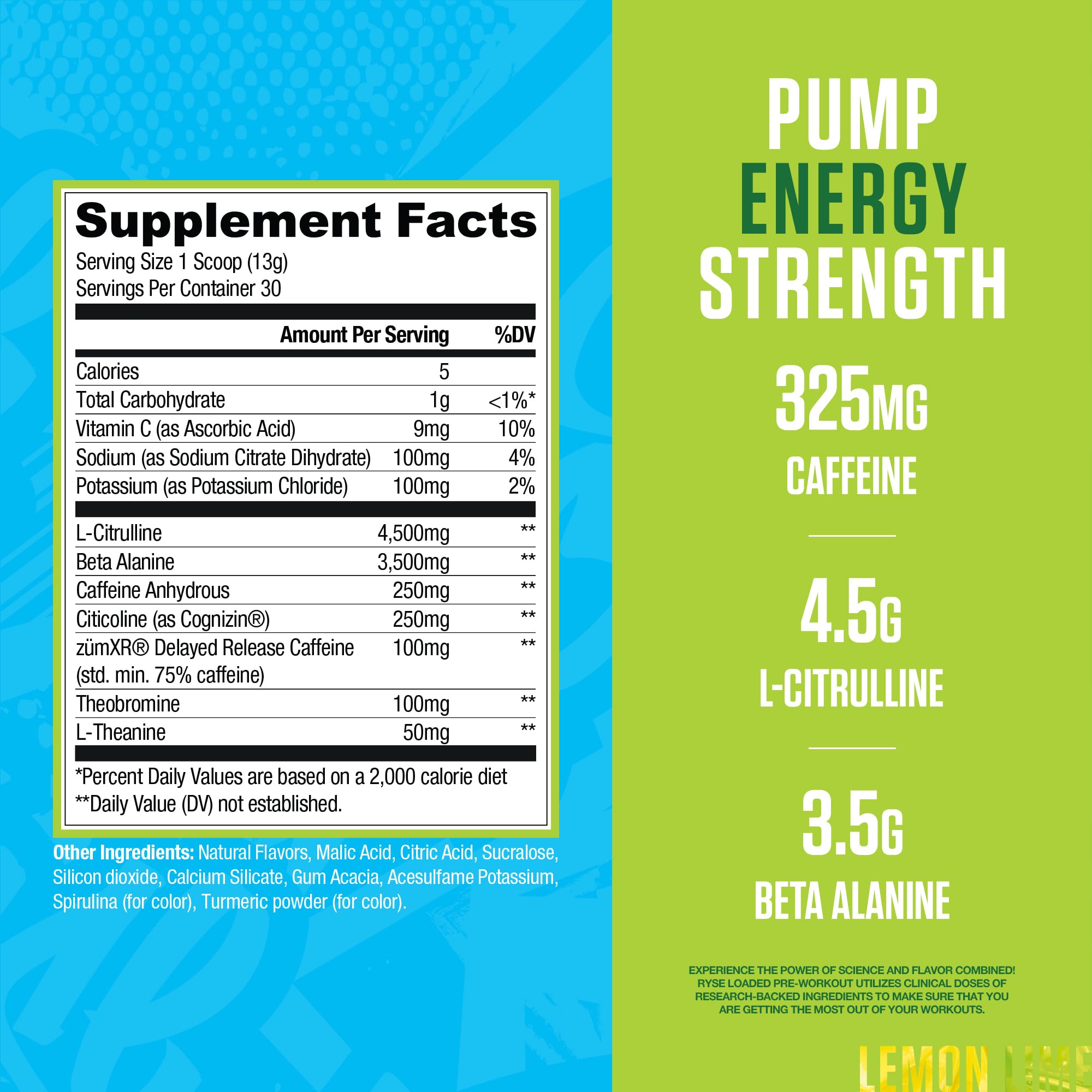 RYSE Loaded pre-workout lemon lime scoop shows measurement for consistent dosing and energy.