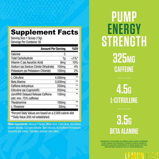 RYSE Loaded pre-workout lemon lime scoop shows measurement for consistent dosing and energy.