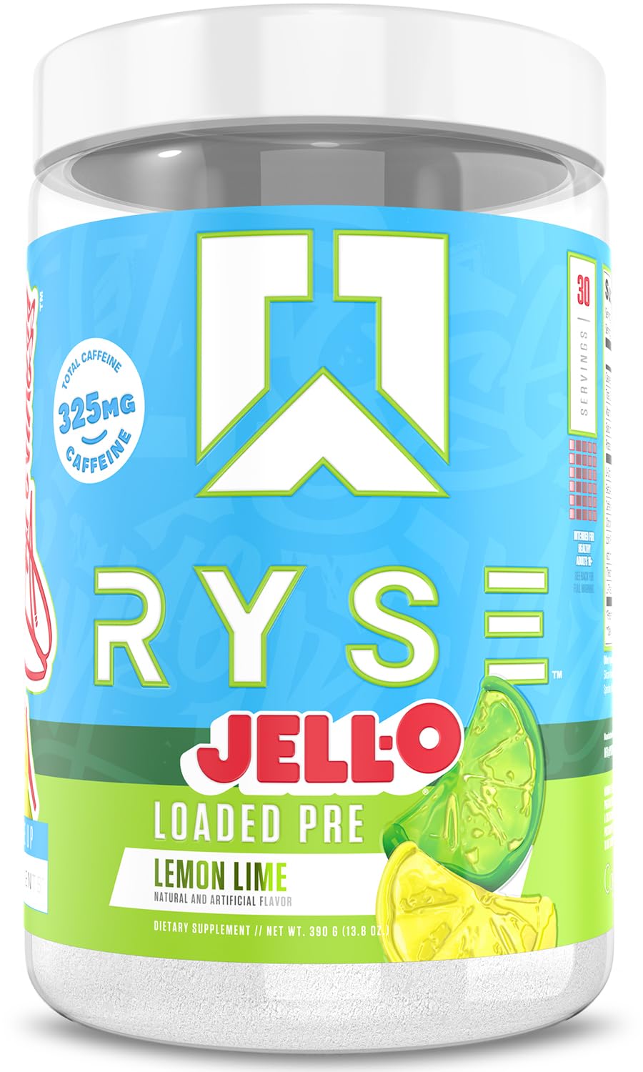 RYSE Loaded Pre-Workout Lemon Lime tub label highlights flavor and ingredients for powerful sessions.