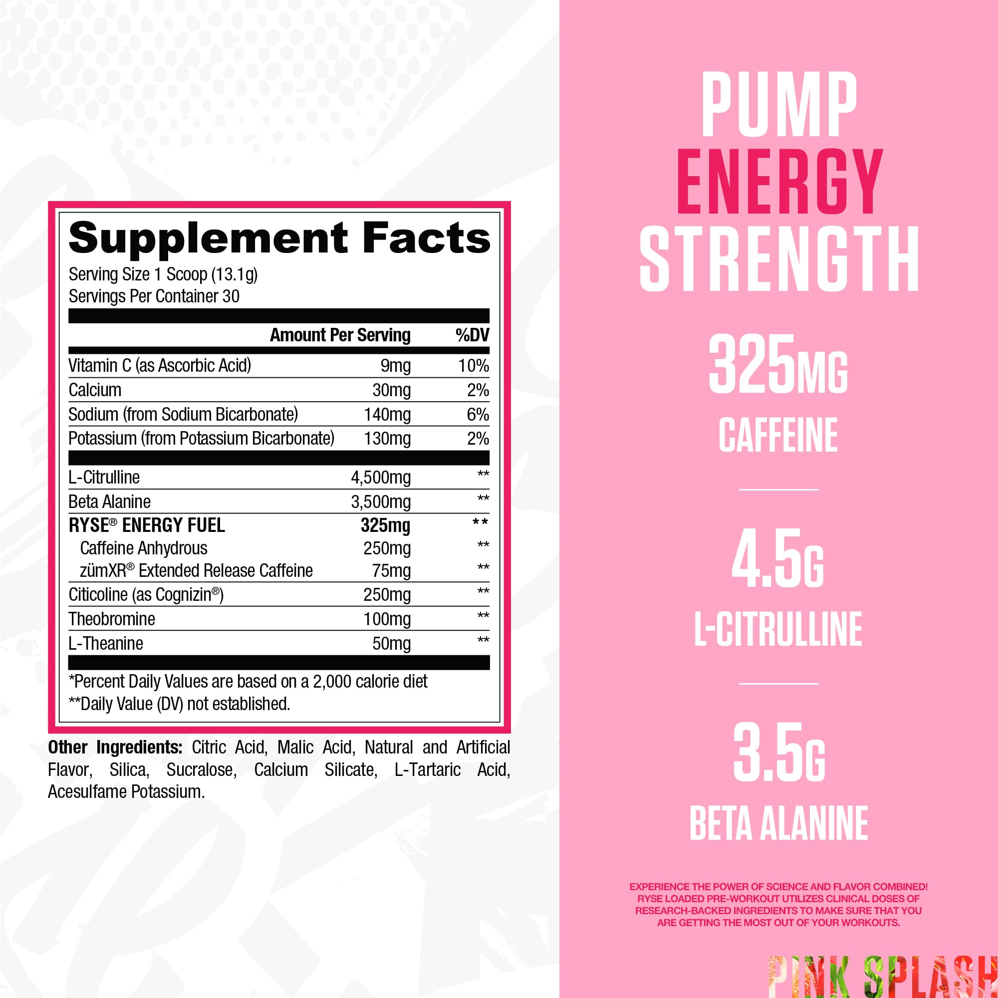RYSE Loaded Pink Splash scoop dispensing for consistent pre-workout dosing.