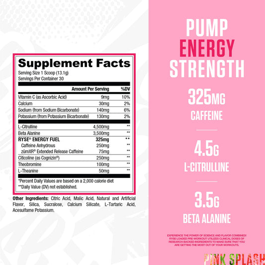 RYSE Loaded Pink Splash scoop dispensing for consistent pre-workout dosing.