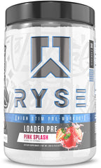 RYSE Loaded Pre-Workout Pink Splash tub front highlighting premium formula for workouts.