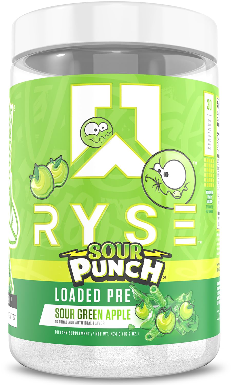 RYSE Loaded pre-workout tub front view shows flavor appeal for energized workouts.