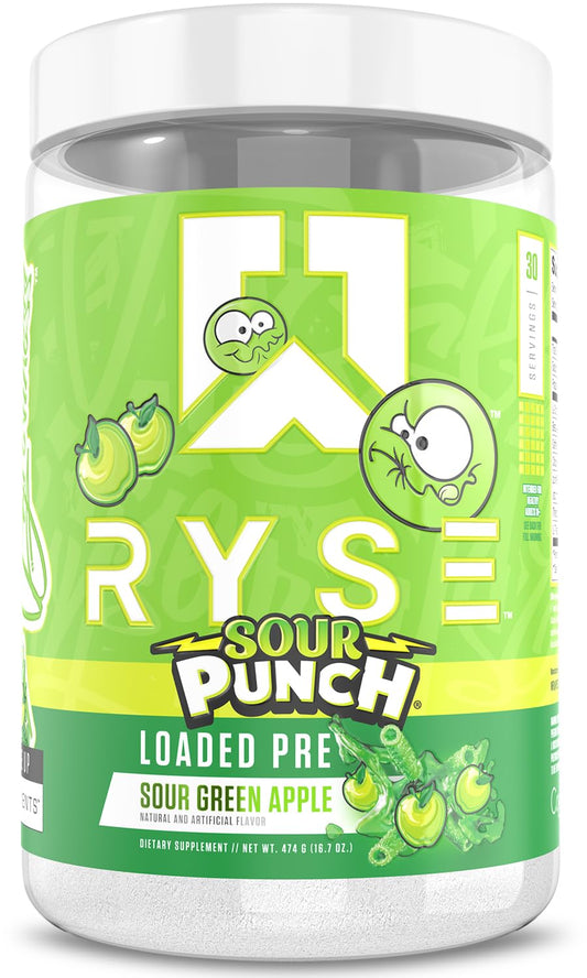 RYSE Loaded pre-workout tub front view shows flavor appeal for energized workouts.