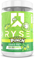 RYSE Loaded pre-workout tub front view shows flavor appeal for energized workouts.