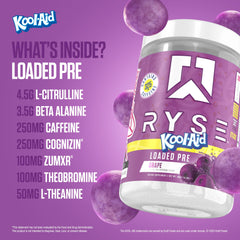 RYSE scoop and powder close-up highlights potent Citrulline and Beta Alanine benefits.