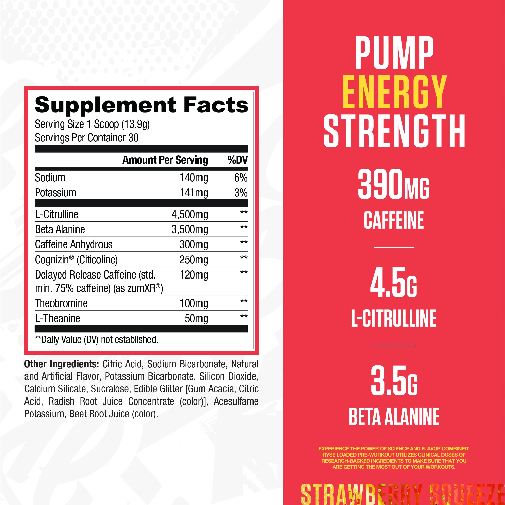 RYSE Loaded Pre Workout Bottle Strawberry Squeeze on the go energy and focus before training.