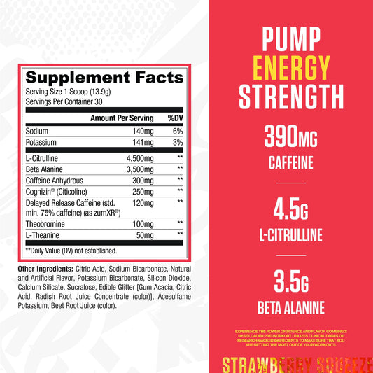 RYSE Loaded Pre Workout Bottle Strawberry Squeeze on the go energy and focus before training.