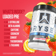 RYSE Loaded Pre Workout Powder label with transparent ingredients and high-quality sourcing.