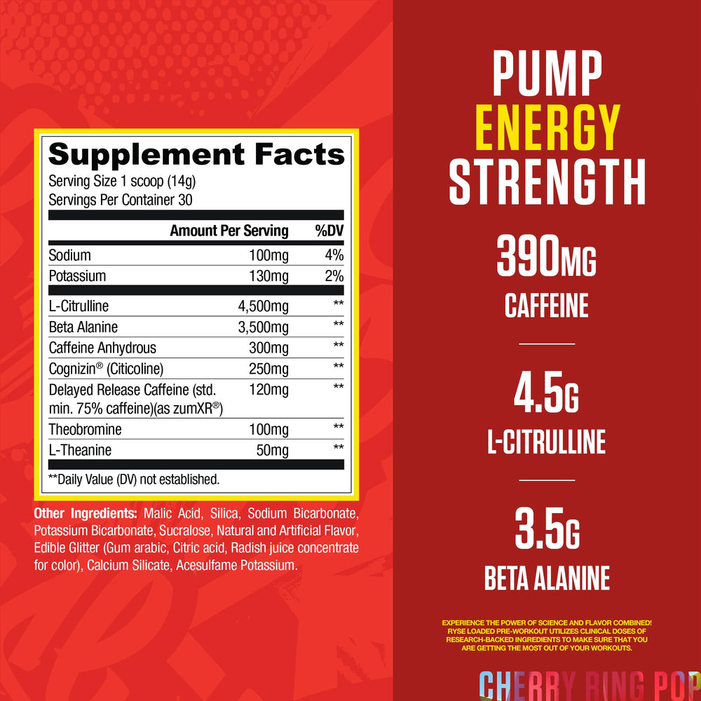 Scoop of Ring Pop Cherry pre-workout powder ready for mixing and quick absorption