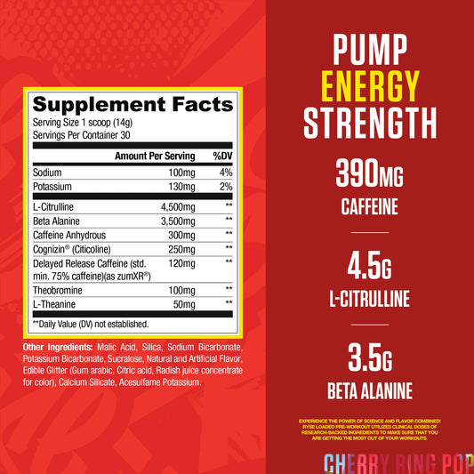 Scoop of Ring Pop Cherry pre-workout powder ready for mixing and quick absorption