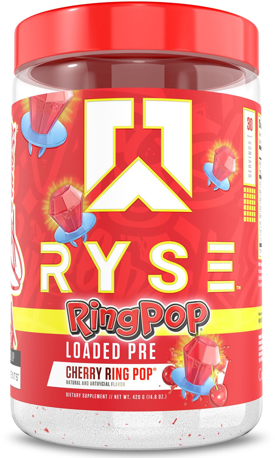 RYSE Loaded Ring Pop Cherry tub close-up highlighting flavor and clean energy delivery