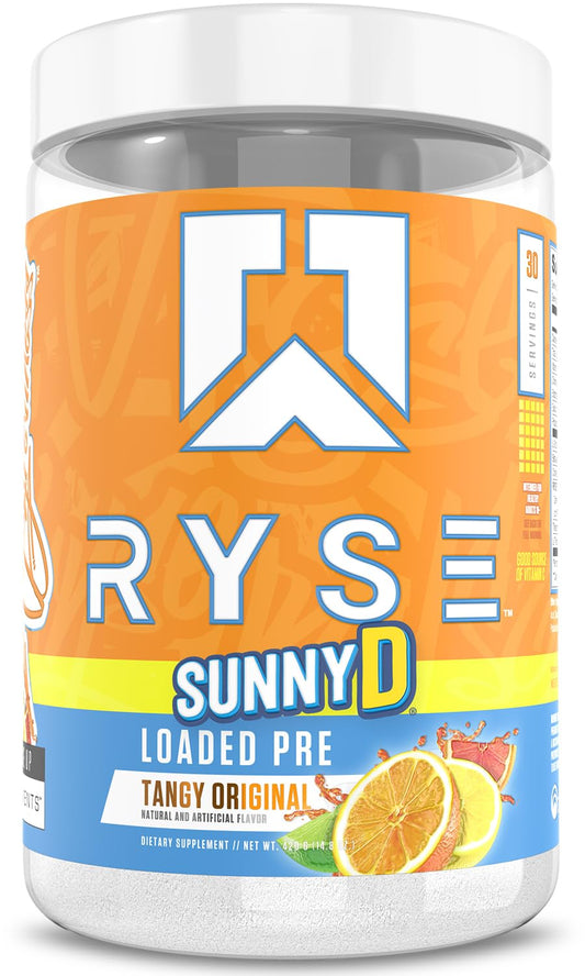RYSE Loaded SunnyD Tangy Original bottle pouring for lasting workout energy