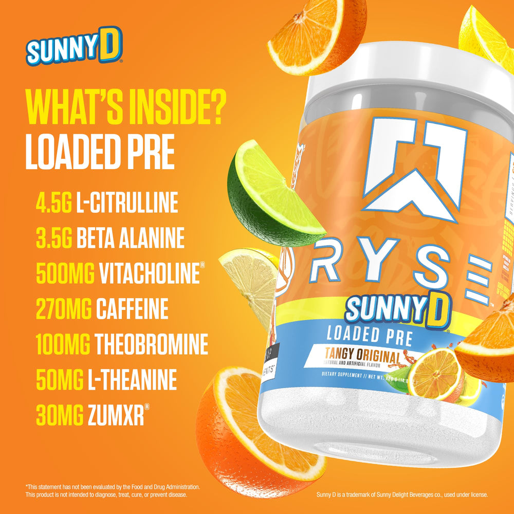 RYSE Loaded SunnyD Tangy Original ingredient panel highlighting Citrulline and Beta-Alanine for performance