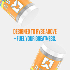RYSE Loaded SunnyD Tangy Original shaker beside gym equipment ready for training