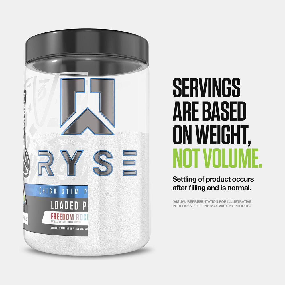 RYSE Loaded tub nutrition facts and caffeine content visible.